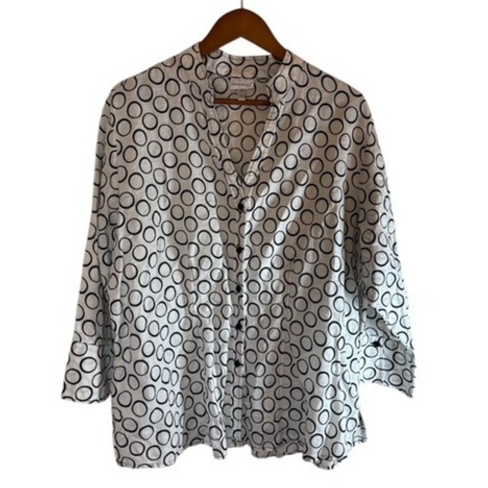 Harve Benard Linen Blend Black and White Circle Button Down Shirt 2XL Lagenlook